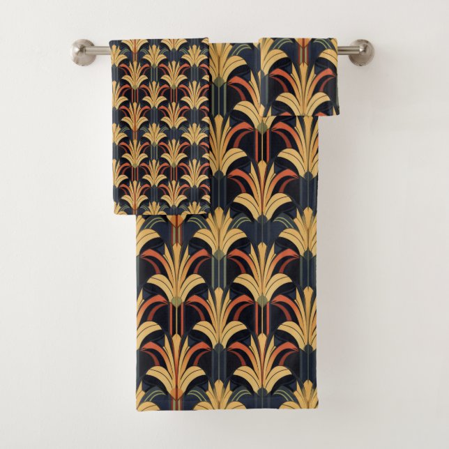 Art Deco Elegant Red Gold Black Bath Towel Set (Insitu)