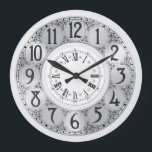 Art Deco Elegant stylish faux silver unisex gift Large Clock<br><div class="desc">A vintage Art Deco illustration featuring faux silver circles edged with black around which black swirl doodles appear are framed by a smaller white circle on which Roman numerals appear.</div>
