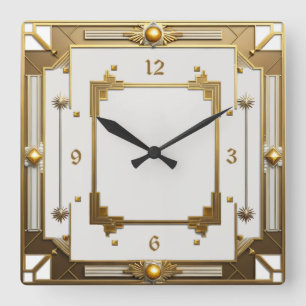 Art Deco Elegant White and Gold Square Wall Clock