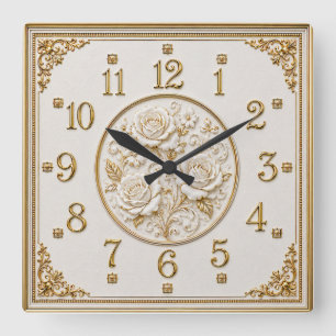Art Deco Elegant White Rose Square Wall Clock