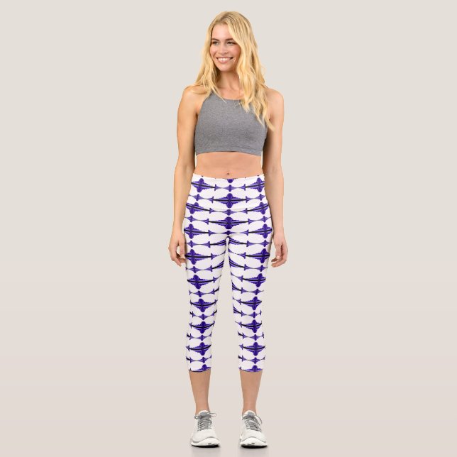 Art deco element in deep purple capri leggings (Front)