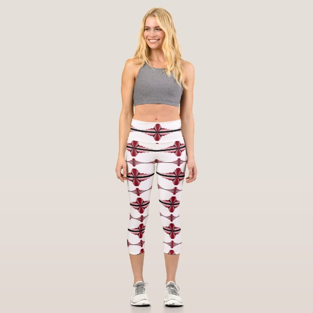Art deco elements in crimson capri leggings (Front)