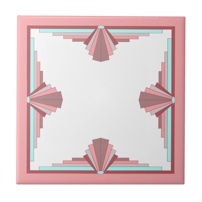 Art deco elements in dark rose & blue ceramic tile (Front)