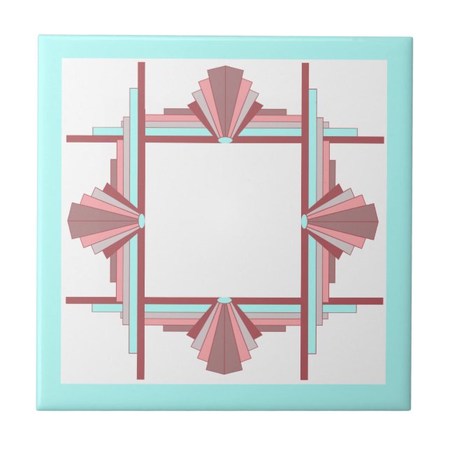 Art deco elements in dark rose & blue ceramic tile (Front)