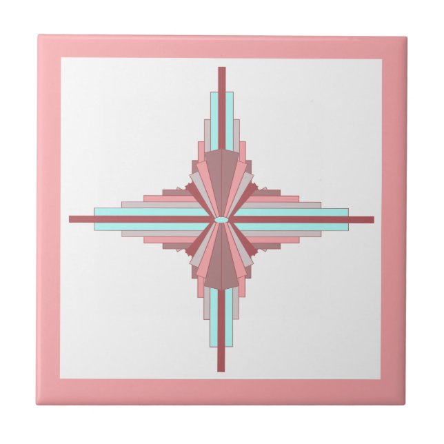 Art deco elements in dark rose & blue ceramic tile (Front)