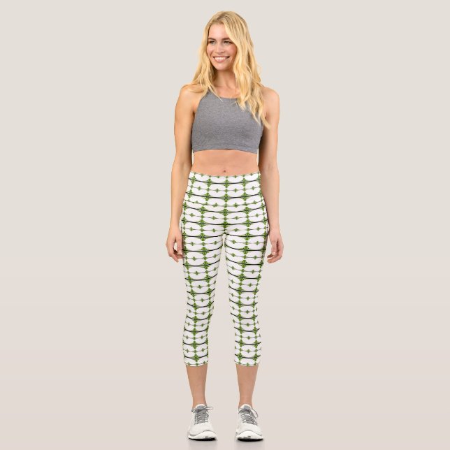 Art deco elements in moss green capri leggings (Front)