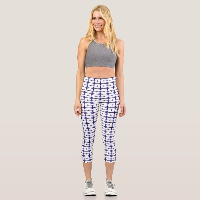 Art deco elements in navy capri leggings (Front)
