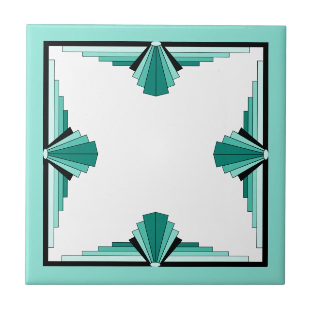 Art deco elements in teal green and black ceramic tile (Front)
