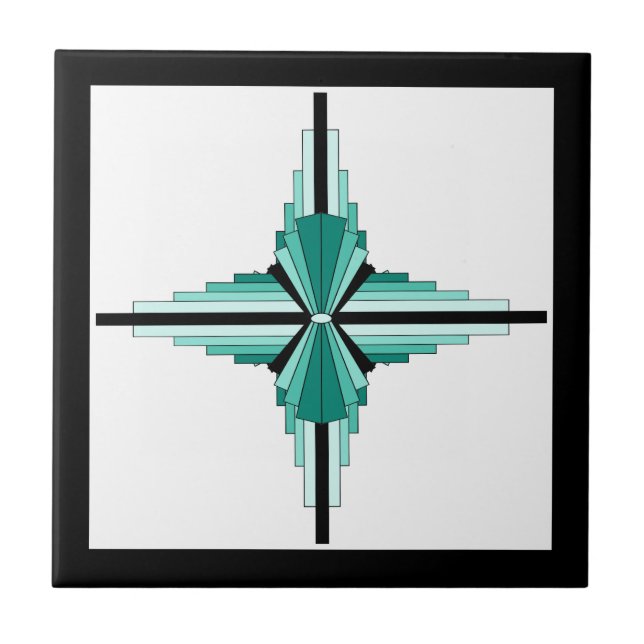 Art deco elements in teal green and black ceramic tile (Front)