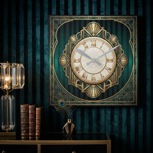 Art Deco Emerald Green and Gold Square Wall Clock