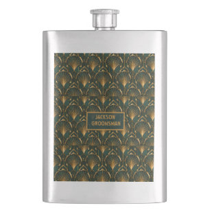 Art Deco Emerald Green Gold Custom Groomsman Hip  Flask