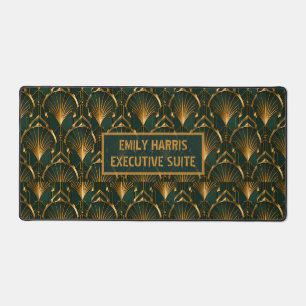 Art Deco Emerald Green Gold Custom Name Desk Mat
