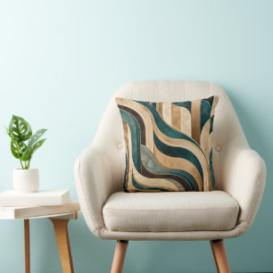 Art Deco Emerald Teal Gold Curved Geometric Throw  Cushion