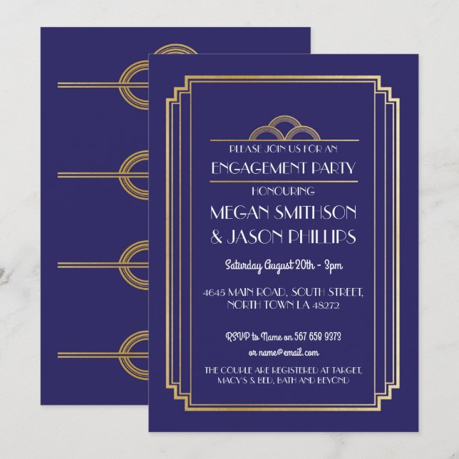 Art Deco Engagement Party Invite Navy Gold 1920's (Front/Back)