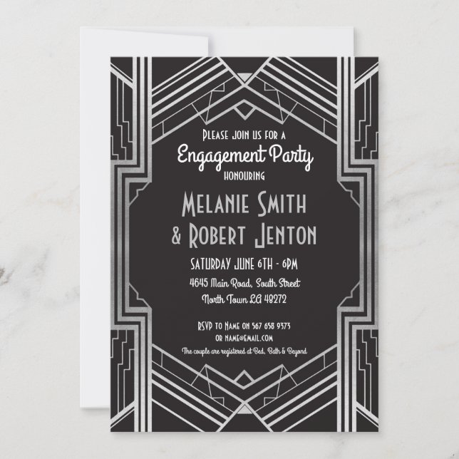 Art Deco Engagement Silver Gatsby 1920's Couples Invitation (Front)