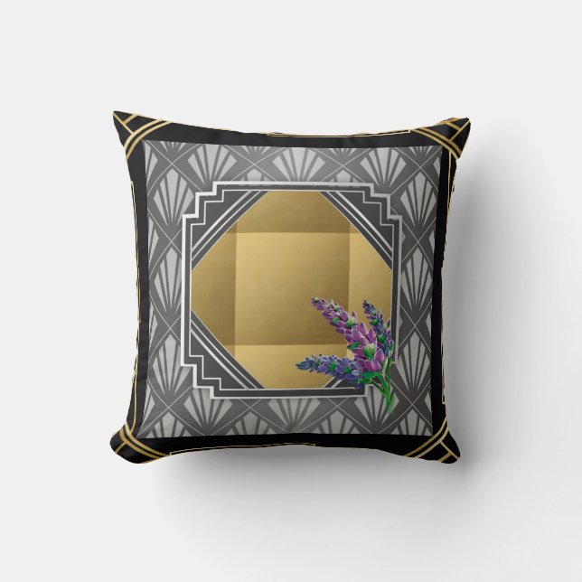 Art Deco English Lavender black grey silver gold Cushion (Front)