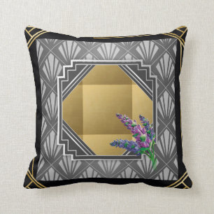 Art Deco English Lavender black grey silver gold Cushion