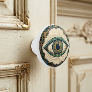 Art Deco Eye Anatomical Green Blue Gold  Ceramic Knob