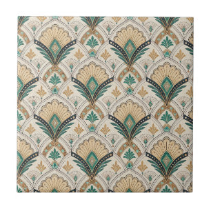 Art Deco Fan & Arch Gilded Teal Geometric Pattern Ceramic Tile