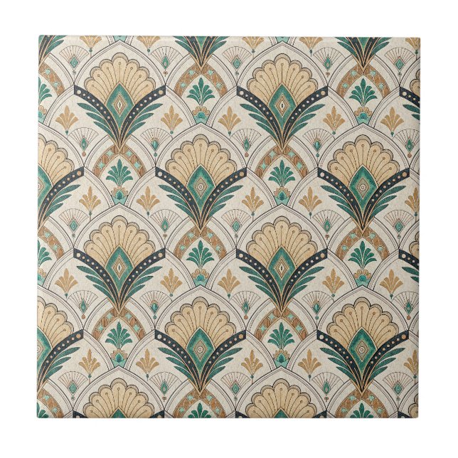 Art Deco Fan & Arch Gilded Teal Geometric Pattern Ceramic Tile (Front)