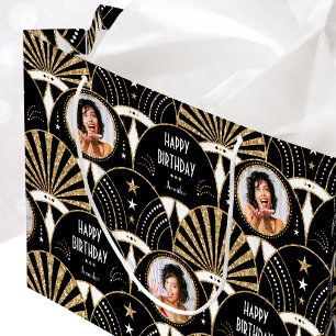 Art Deco Fan Birthday Faux Glitter Photo Black Large Gift Bag