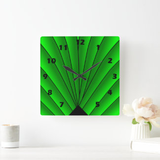 Art Deco Fan Design Green Square Wall Clock