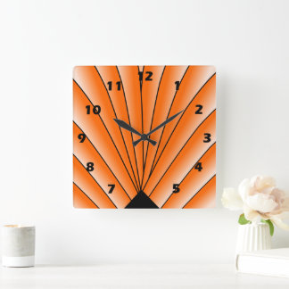 Art Deco Fan Design Orange Square Wall Clock