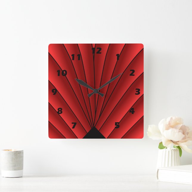 Art Deco Fan Design Red Square Wall Clock (Home)