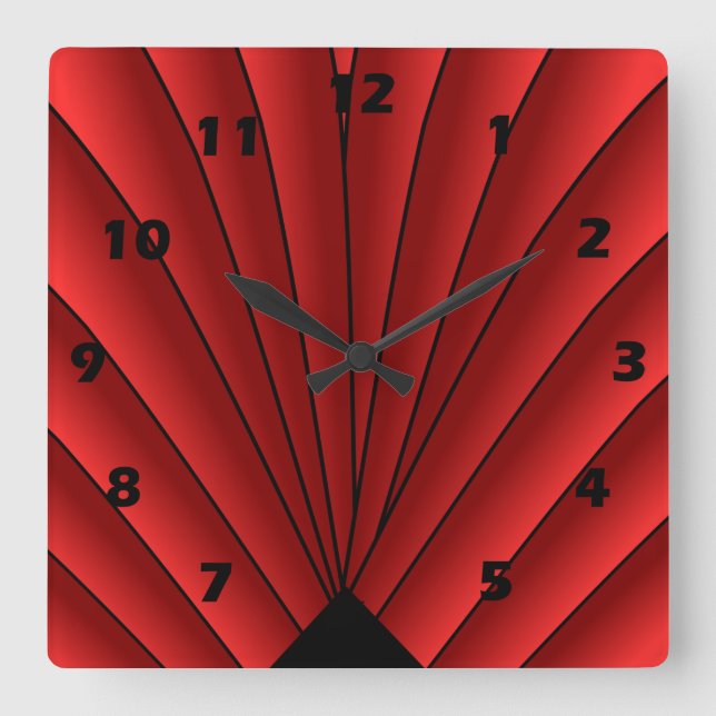 Art Deco Fan Design Red Square Wall Clock (Front)