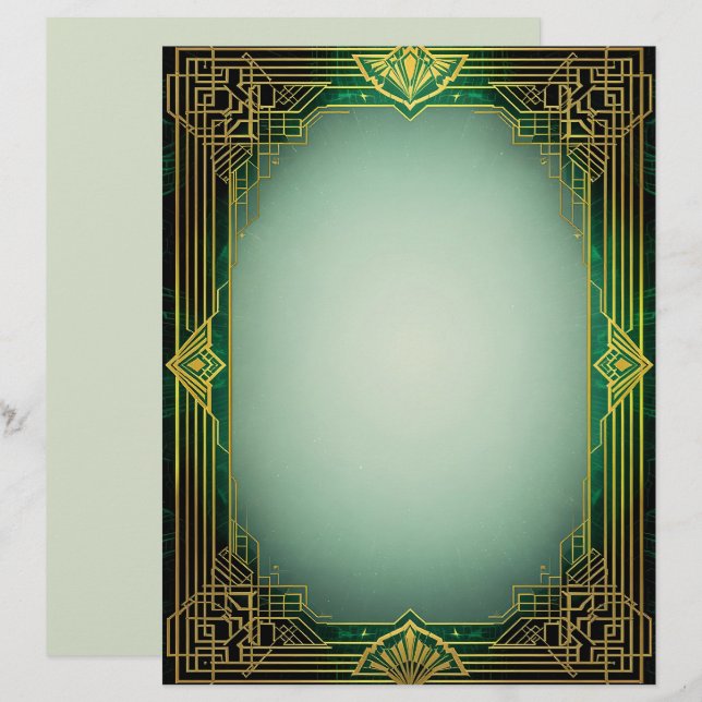 Art Deco Fan Frame on Green Stationery Paper Custom Letterhead (Front/Back)
