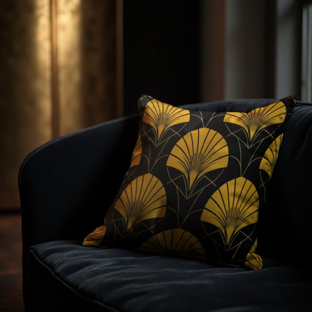 Art Deco Fan Geometry - Luxe Deco Black & Gold Cushion (Bold Art Deco luxury. Black & gold geometric fan motif for sophisticated interiors.)