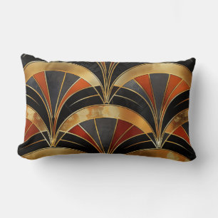 Art Deco Fan Motif Black, Gold & Deep Red Lumbar Cushion