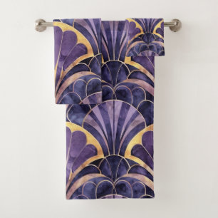 Art Deco Fan Motif Purple, Navy & Gold Elegance Bath Towel Set