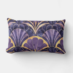Art Deco Fan Motif Purple, Navy & Gold Elegance Lumbar Cushion