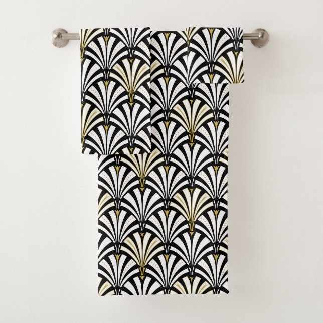Art Deco Fan Pattern, black and white Bath Towel Set (Insitu)