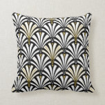 Art Deco fan pattern - black and white Cushion<br><div class="desc">Digital reproduction of a classic,  Art Deco wallpaper,  fan pattern - white on black,  embellished with gold</div>