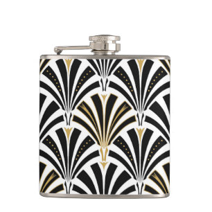 Art Deco fan pattern - black and white Hip Flask