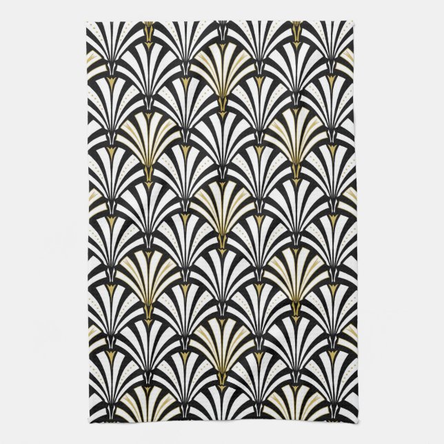Art Deco fan pattern - black and white Tea Towel (Vertical)