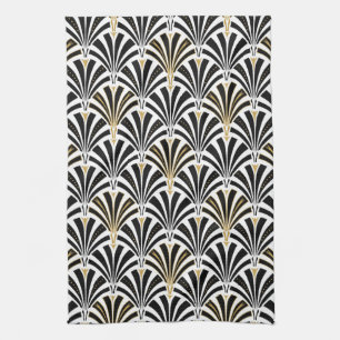 Art Deco fan pattern - black and white Tea Towel