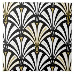 Art Deco fan pattern - black and white Tile