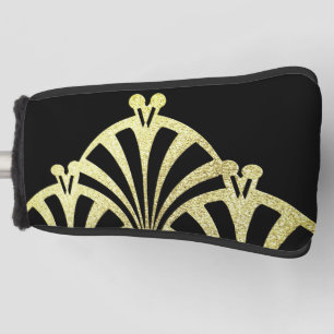 Art deco fan pattern black gold elegant vintage golf head cover