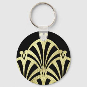 Art deco fan pattern black gold elegant vintage  key ring