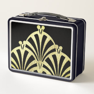 Art deco fan pattern black gold elegant vintage metal lunch box