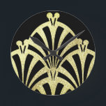 Art deco fan pattern black gold elegant vintage round clock<br><div class="desc">An art deco fan pattern in black and gold. An elegant vintage design.</div>