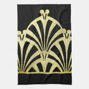 Art deco fan pattern black gold elegant vintage tea towel