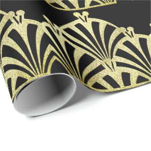 Art deco fan pattern black gold elegant vintage wrapping paper
