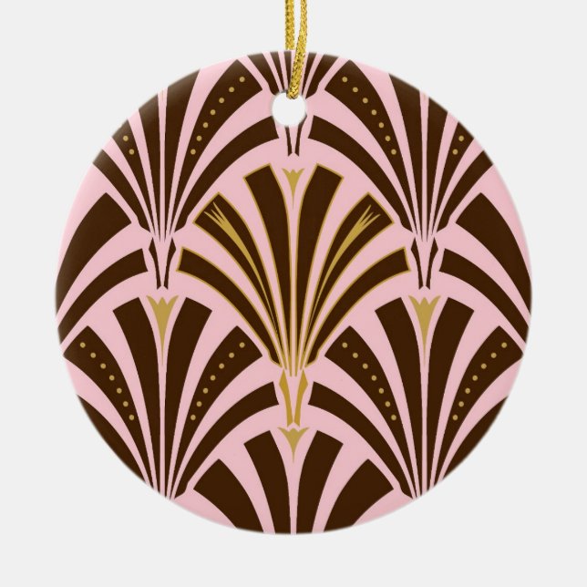 Art Deco fan pattern - chocolate on pink Ceramic Ornament (Front)
