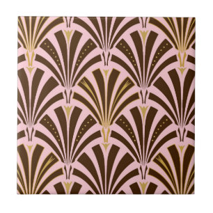 Art Deco fan pattern - chocolate on pink Ceramic Tile