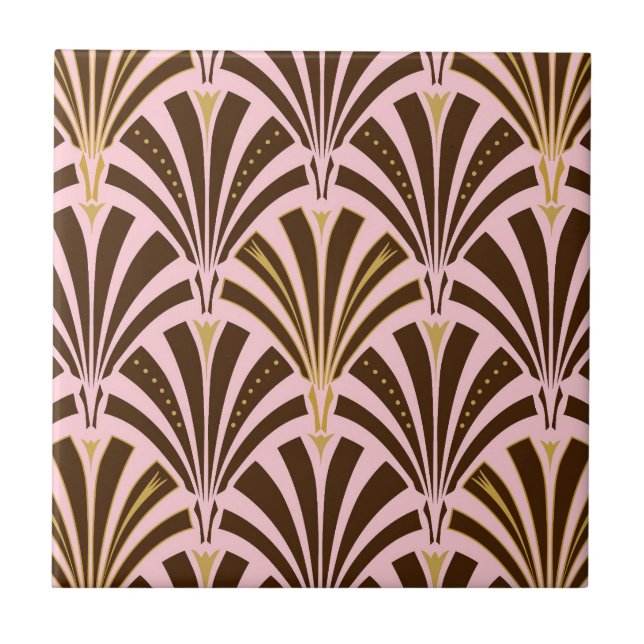 Art Deco fan pattern - chocolate on pink Ceramic Tile (Front)