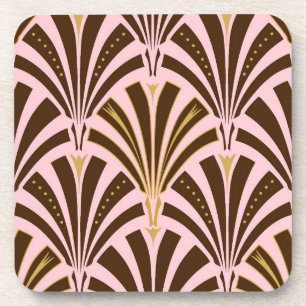 Art Deco fan pattern - chocolate on pink Coaster